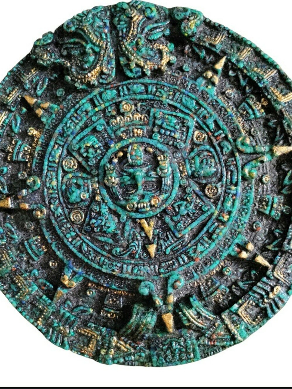 VTG Aztec Sun Stone Calendar Turquoise Resin Wall Hanging
